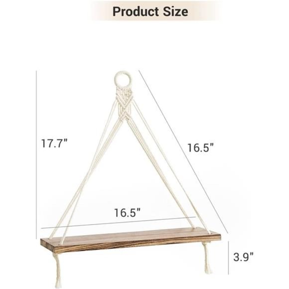 Macrame Hanging Shelves Boho WallDecor Set of 2Rustic Wood Floating StorageShelf - Picture 4 of 6
